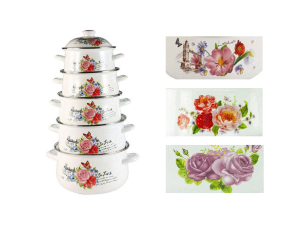 Enamel Cooking Pot Set of 5 Floral Design Assorted Designs 773D / 9200 (Big Parcel Rate) - Image 2