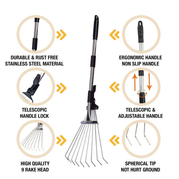 Expandable Telescopic Garden Rake With Non Stick Handle 23cm x 70cm 1113 (Big Parcel Rate) - Image 2