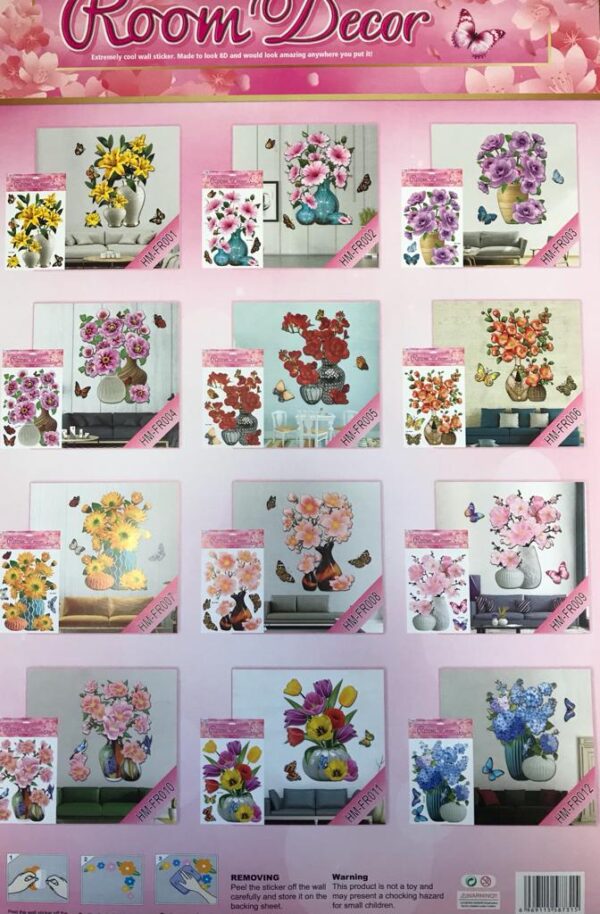 Room Decor 3D Effect Wall Stickers Flowers Vase Design 49 x 30 cm Assorted Designs and Colours 7126 (Parcel Rate) - Image 3